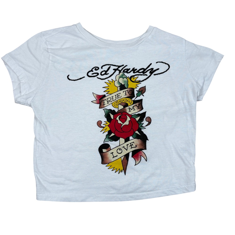 Ed Hardy Graphic Crop Top T Shirt Womens M White Y2K Tattoo Streetwear Vintage